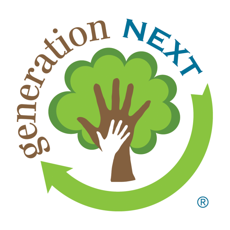The generation next logo: a child's hand superimposed on an adult hand, forming the trunk of a tree.