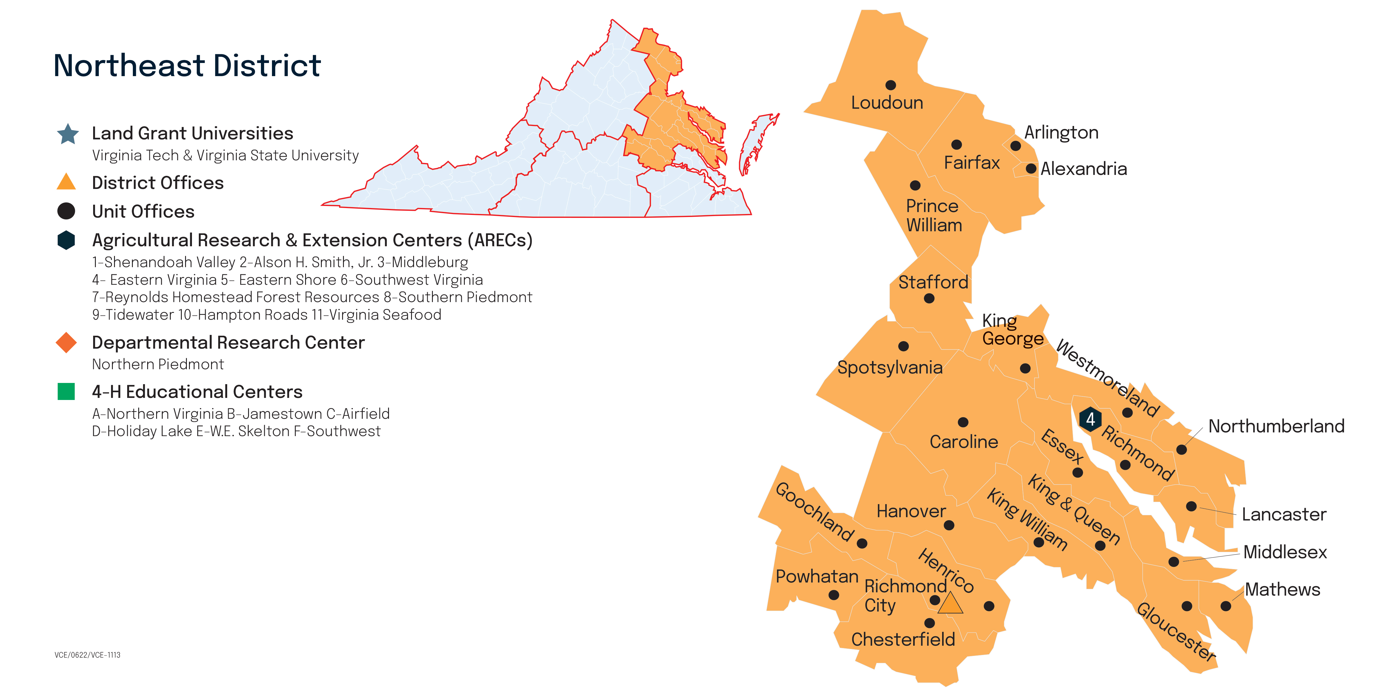 Map of the Northeast District of Virginia Cooperative Extension.