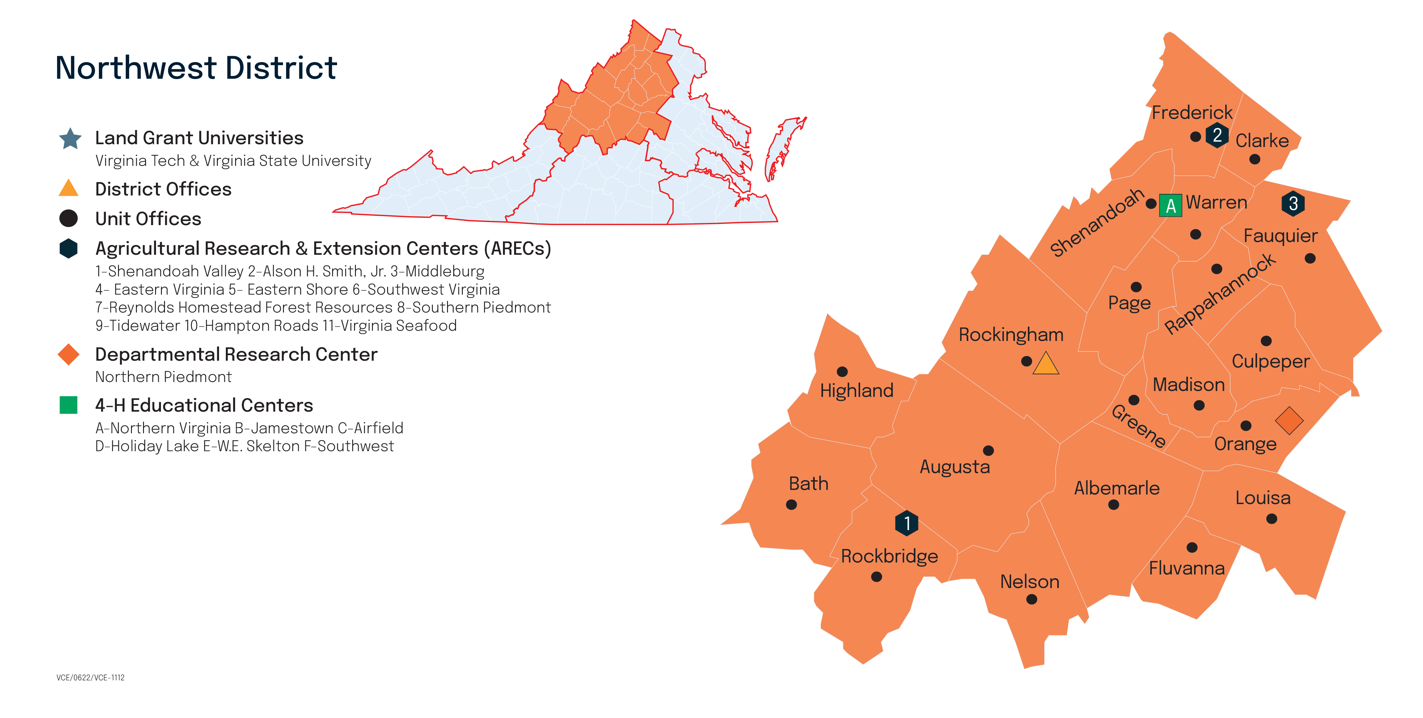 Map of the Northwest District of Virginia Cooperative Extension.