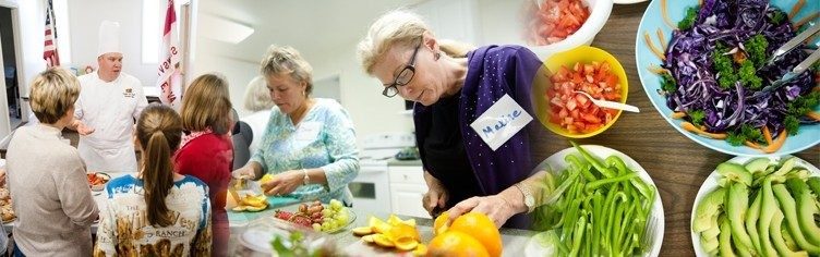 master food volunteers attending talk, preparing food, and bowls of food