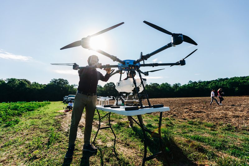 person operating a drone, crop field, sun