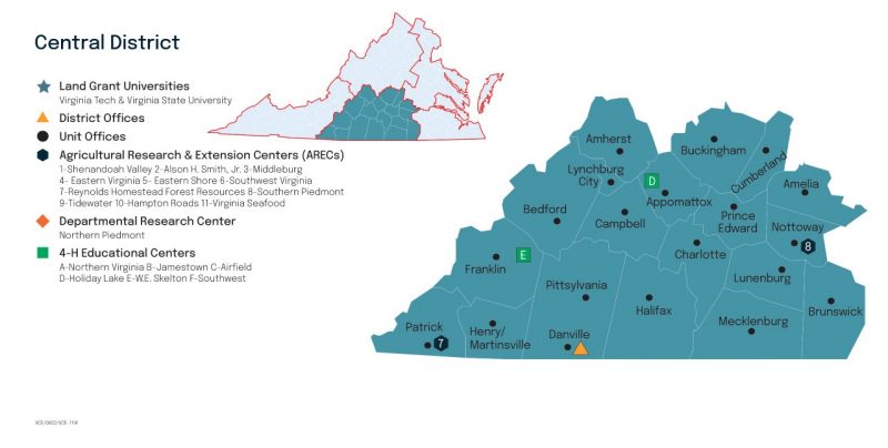 Map of the Central District of Virginia Cooperative Extension