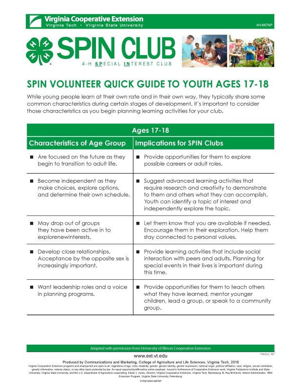 SPIN Volunteer Quick Guide to Youth Ages 17-18 Cover of SPIN Volunteer Quick Guide to Youth Ages 17-18