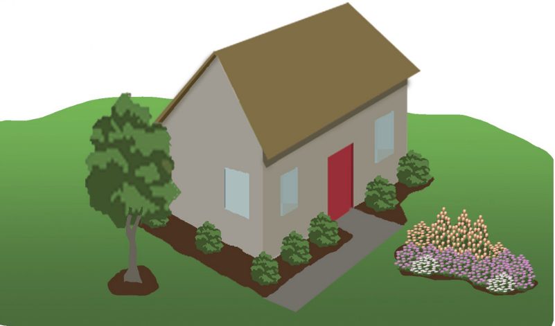 A 3D model of a house with adjoining plants, a sophisticated plant island and a tree in the lawn