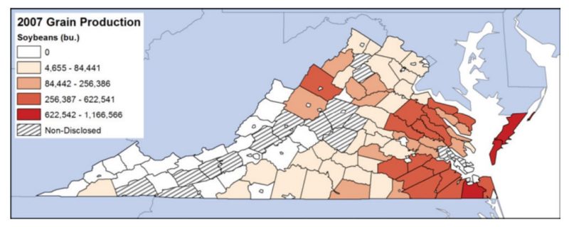 Map of Virginia soybean production by county.