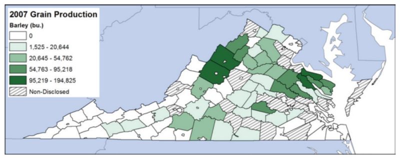 Map of Virginia barley production by county.